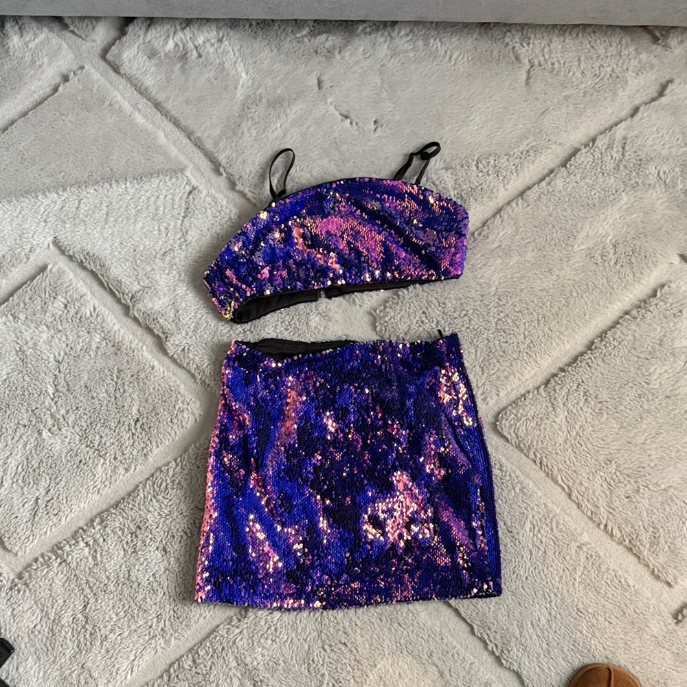 Glamorous Sequin Skirt Set in Purple and Pink